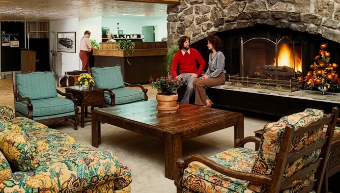 The interior lobby of the Alpenrose Hotel circa 1980