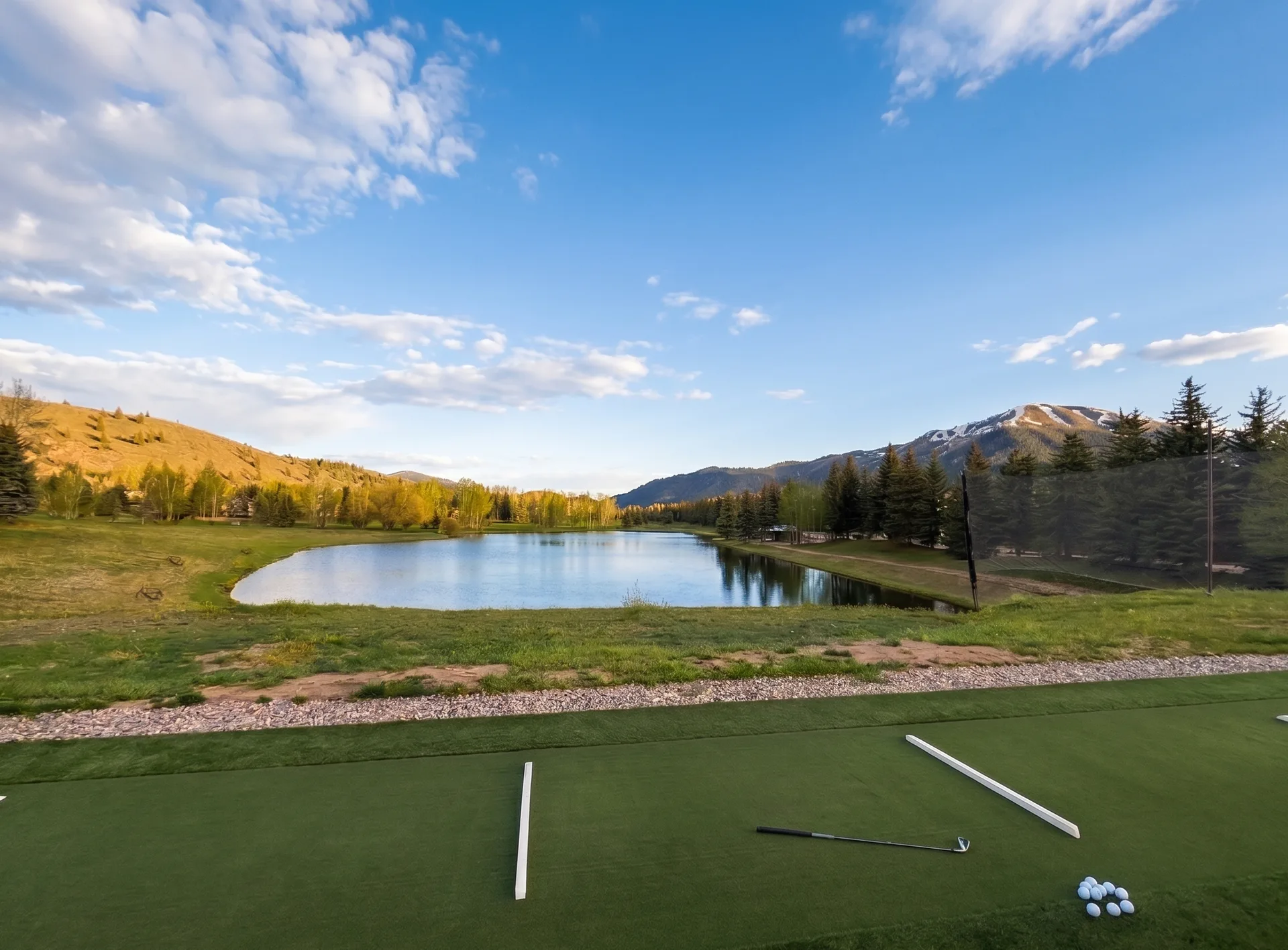 The Bigwood driving range in Ketchum, Idaho — practice tee with mountain views